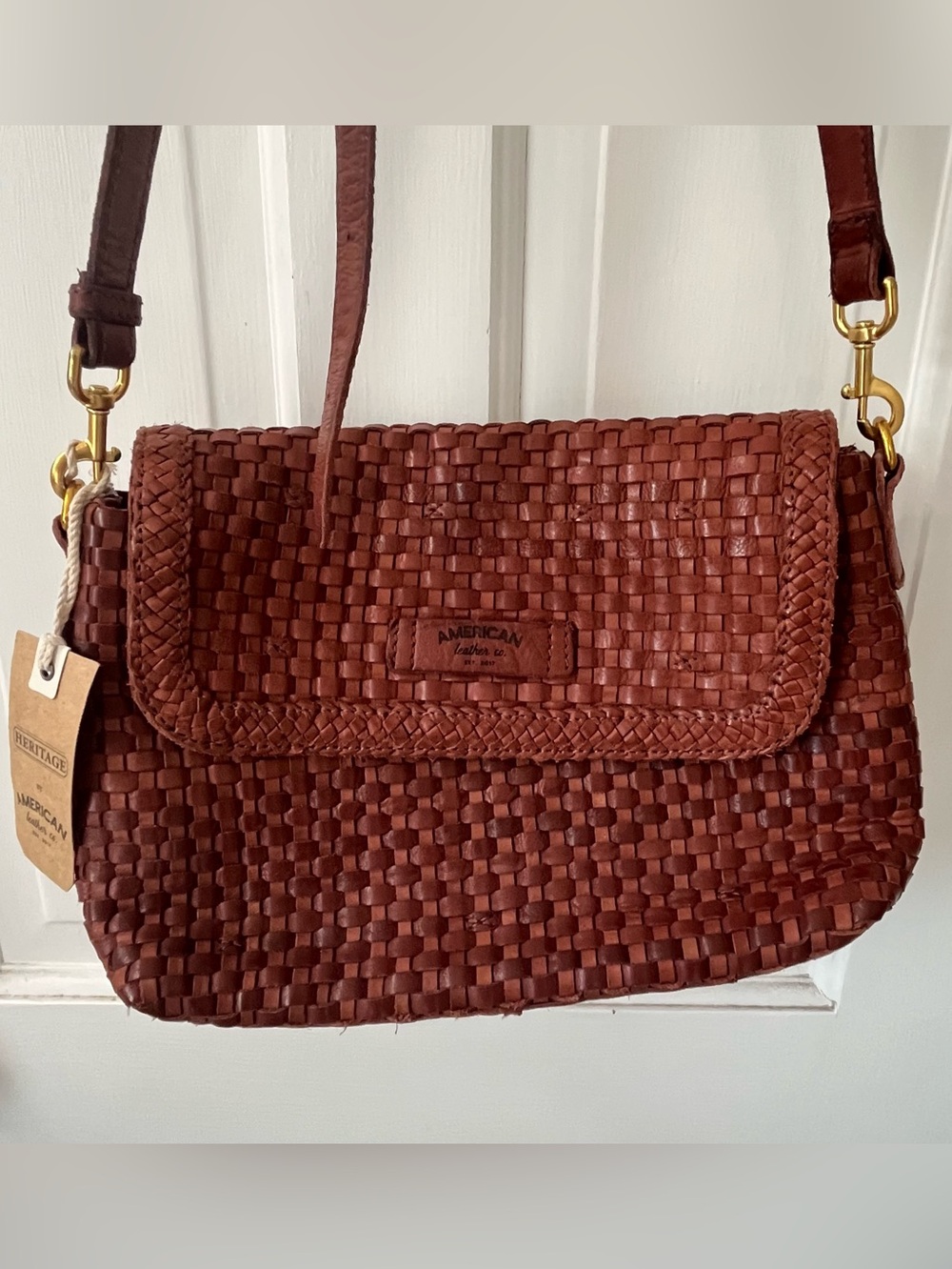 American Heritage Woven Leather Crossbody Bag in Chestnut Brown. NWT